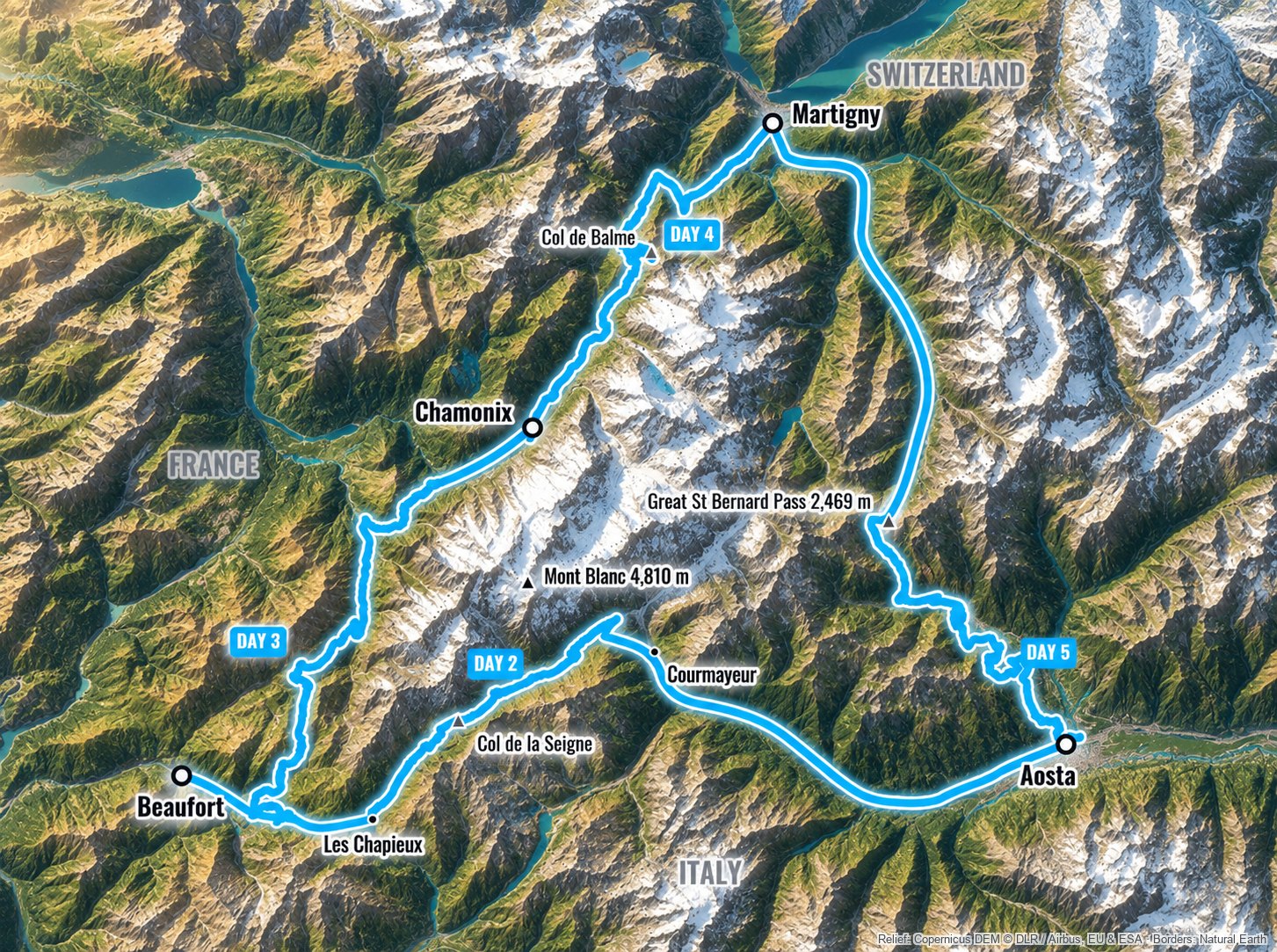 Map of the Tour du Mont Blanc route: Aosta, Courmayeur, Beaufort, Chamonix, Martigny, the Great St Bernard Pass and back to Aosta